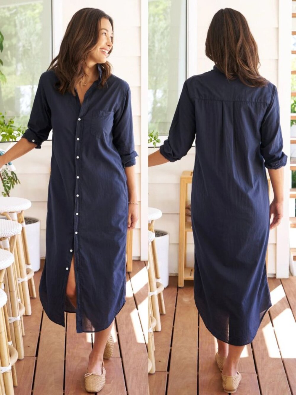 Frank & Eileen Rory Dress Navy Blue Organic Voile Cotton Maxi Shirtdress Size XS